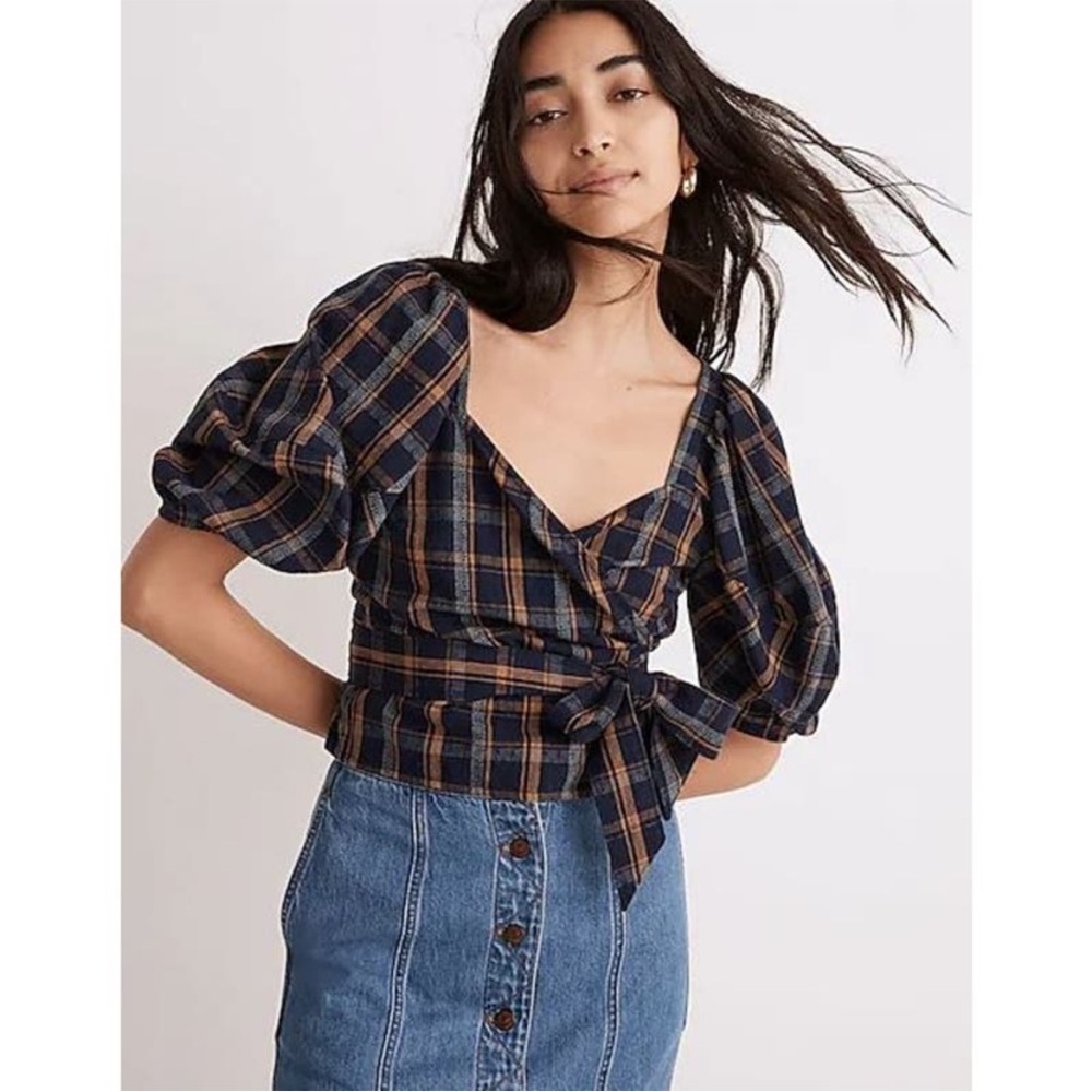 Madewell Sweetheart Puff Sleeve Wrap Top Plaid Women's Size Large